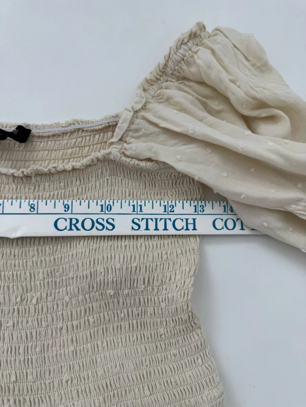 Cream Smocked Midi Dress Cottagecore Puff Sleeve Boho Swiss Dot Tiered Romantic - Picture 7 of 8